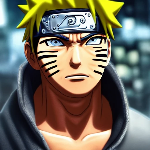 side close up portrait of Naruto, background, insanely realistic ,highly detailed face, large muscles, 8 pecs, shiny, insanely realistic, chiseled jaw, very muscular, full body, dynamic standing pose, spotlight, cyberpunk city, wired, multicolored, vibrant high contrast, hyperrealistic, photografic, 8k, epic ambient light, octane render, 712 x 430, 