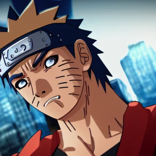 side close up portrait of Naruto, looking at camera, insanely realistic ,highly detailed face, large muscles, 8 pecs, shiny, insanely realistic, chiseled jaw, very muscular, full body, dynamic standing pose, spotlight, cyberpunk city, wired, multicolored, vibrant high contrast, hyperrealistic, photografic, 8k, epic ambient light, octane render, 712 x 430, 