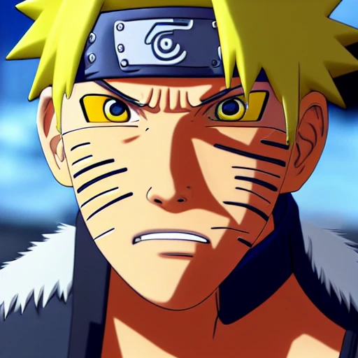 side close up portrait of Naruto, looking at camera, insanely realistic ,highly detailed face, large muscles, 8 pecs, shiny, insanely realistic, chiseled jaw, very muscular, full body, dynamic standing pose, spotlight, cyberpunk city, wired, multicolored, vibrant high contrast, hyperrealistic, photografic, 8k, epic ambient light, octane render, 712 x 430, 