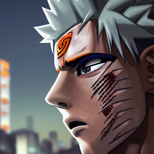 side close up portrait of Naruto, looking at camera, insanely realistic ,highly detailed face, large muscles, 8 pecs, shiny, insanely realistic, chiseled jaw, very muscular, full body, dynamic standing pose, spotlight, cyberpunk city, wired, multicolored, vibrant high contrast, hyperrealistic, photografic, 8k, epic ambient light, octane render, 712 x 430, 