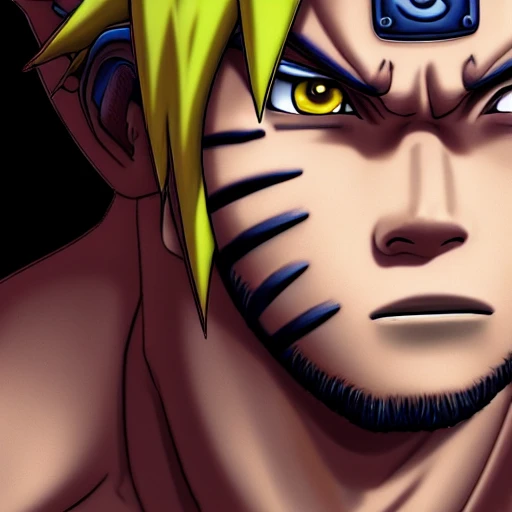 side close up portrait of Naruto, looking at camera, insanely realistic ,highly detailed face, large muscles, 8 pecs, shiny, insanely realistic, chiseled jaw, very muscular, full body, dynamic standing pose, spotlight, cyberpunk city, wired, multicolored, vibrant high contrast, hyperrealistic, photografic, 8k, epic ambient light, octane render, 712 x 430, 