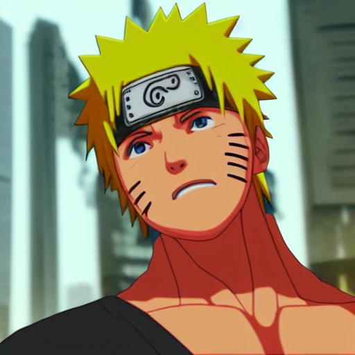 side close up portrait of Naruto, looking at camera, insanely realistic ,highly detailed face, large muscles, 8 pecs, shiny, insanely realistic, chiseled jaw, very muscular, full body, dynamic standing pose, spotlight, cyberpunk city, wired, multicolored, vibrant high contrast, hyperrealistic, photografic, 8k, epic ambient light, octane render, 712 x 430, 