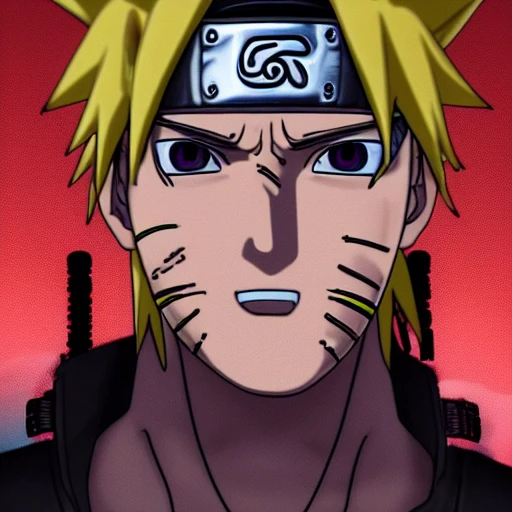 side close up portrait of Naruto, looking at camera, insanely realistic ,highly detailed face, large muscles, 8 pecs, shiny, insanely realistic, chiseled jaw, very muscular, full body, dynamic standing pose, spotlight, cyberpunk city, wired, multicolored, vibrant high contrast, hyperrealistic, photografic, 8k, epic ambient light, octane render, 712 x 430, 