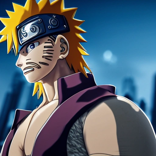 side close up portrait of Naruto, looking at camera, insanely realistic ,highly detailed face, large muscles, 8 pecs, shiny, insanely realistic, chiseled jaw, very muscular, full body, dynamic standing pose, spotlight, cyberpunk city, wired, multicolored, vibrant high contrast, hyperrealistic, photografic, 8k, epic ambient light, octane render, 712 x 430, 