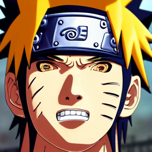 side close up portrait of Naruto, looking at camera, insanely realistic ,highly detailed face, large muscles, 8 pecs, shiny, insanely realistic, chiseled jaw, very muscular, full body, dynamic standing pose, spotlight, cyberpunk city, wired, multicolored, vibrant high contrast, hyperrealistic, photografic, 8k, epic ambient light, octane render, 712 x 430, 