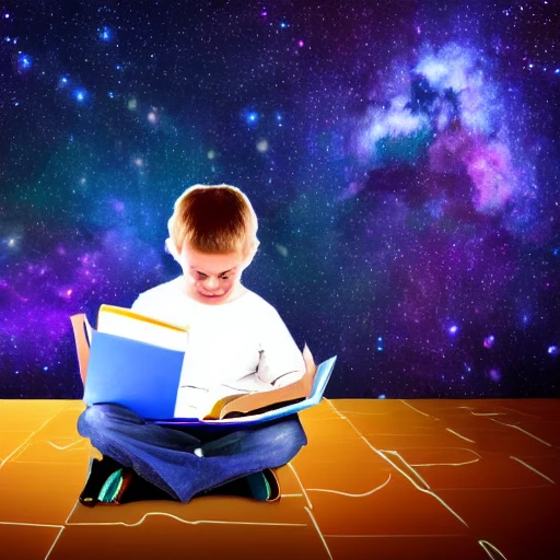 kid studying in the stars and galaxy, Trippy, 8k