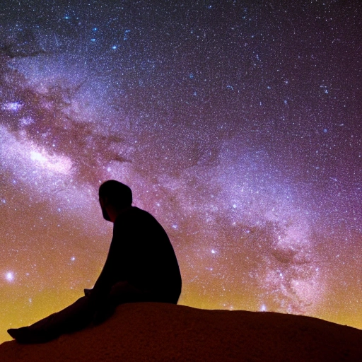 person sitting on a star studying in the stars and galaxy, epic ambient light, 8k