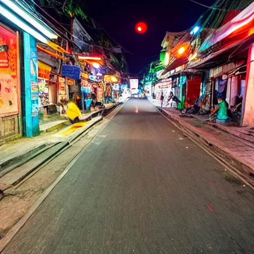 Vietnam, street, midnight, full moon, 3D, no people,