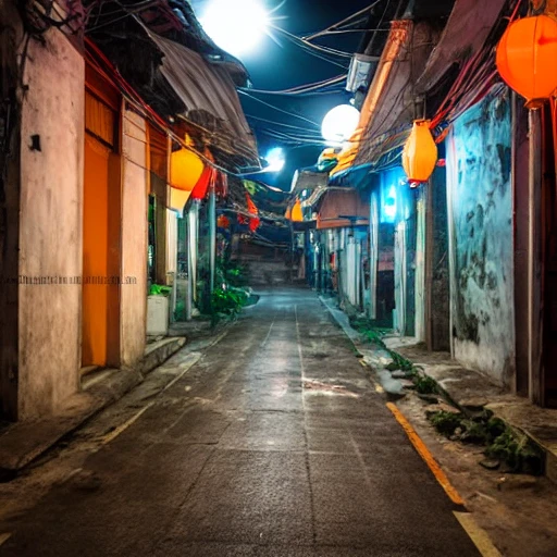 Vietnam, side street, midnight, full moon, 3D, no people, 