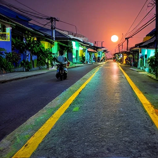 
Vietnam, side street, midnight, full moon, 3D, no people, big view, sea