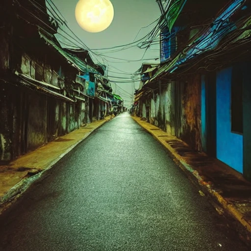 
Vietnam, side street, midnight, full moon, 3D, no people, big view, sea