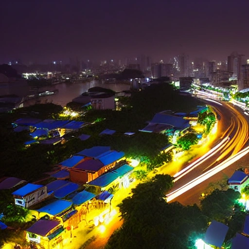 
Vietnam, side street, midnight, full moon, 3D, no people, view from above, sea