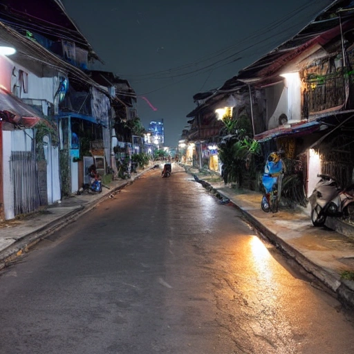 
Vietnam, side street, midnight, full moon, 3D, no people, view from above