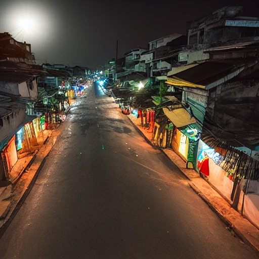 
Vietnam, side street, midnight, full moon, 3D, no people, view from above