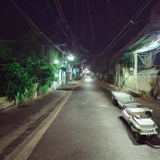 
Vietnam, side street, midnight, full moon, 3D, no people, view from above, dog