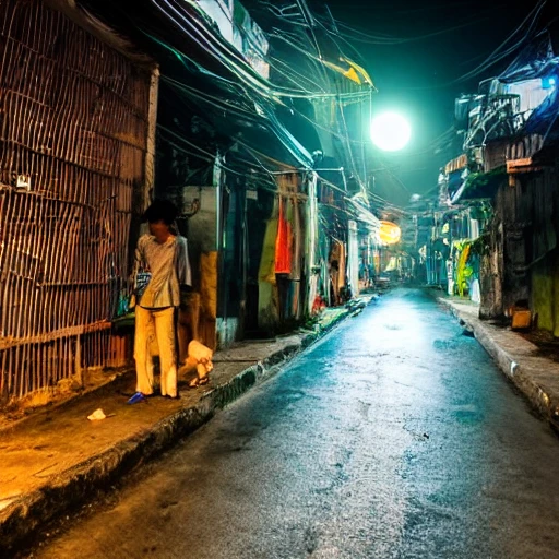 
Vietnam, side street, midnight, full moon, 3D, no people, view from above, dog