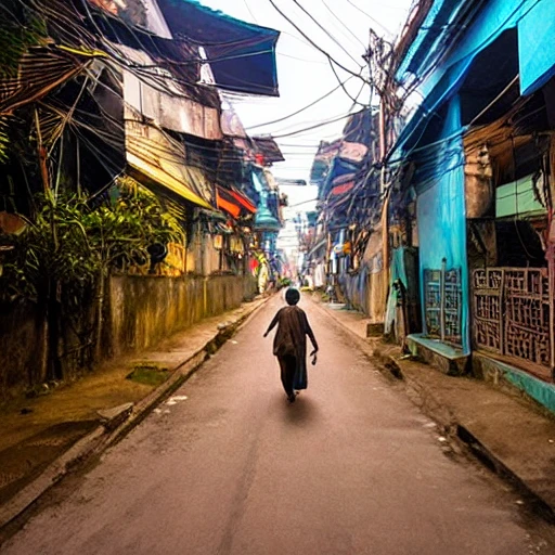 
Vietnam, side street, midnight, full moon, 3D, no people, view from above, dog