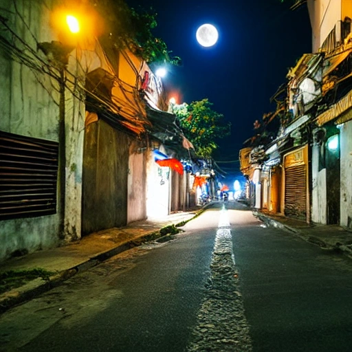 
Vietnam, side street, midnight, full moon, 3D, no people, view from above, dog