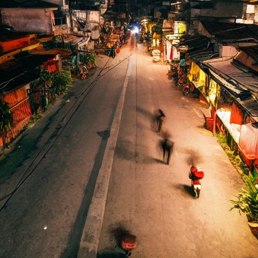 
Vietnam, side street, midnight, full moon, 3D, no people, view from above, dog