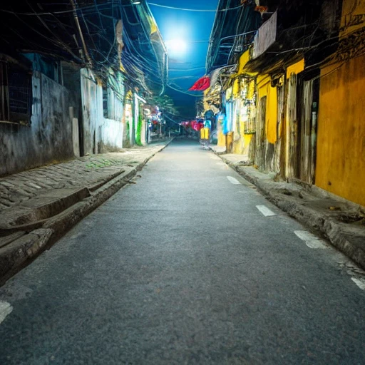 
Vietnam, side street, midnight, full moon, 3D, no people, view from above, dog