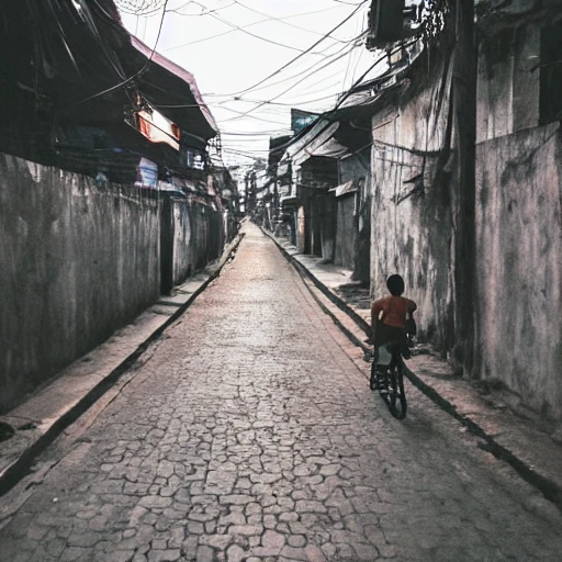 
Vietnam, side street, midnight, full moon, 3D, no people, view from above, dog