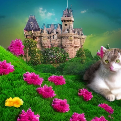 3D, castle, cute cat in flowers