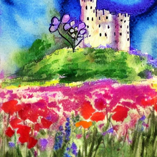 castle, cat in flowers, Water Color