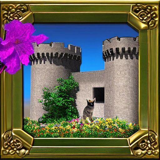 castle, cat in flowers, 3D, stars