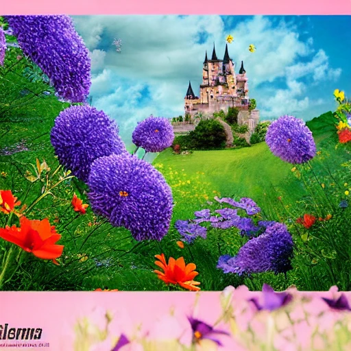 big castle, cosmos, cat in flowers, 3D