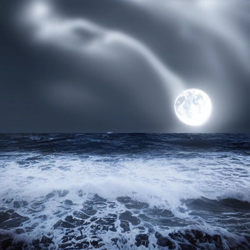 sea, 3D, storm, night, full moon, 