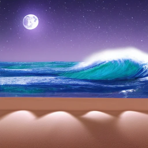 sea, 3D, night, full moon, big wave