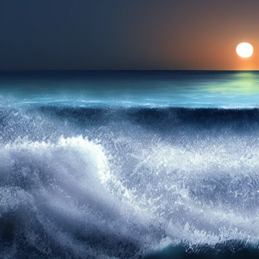 sea, 3D, night, full moon, big waves