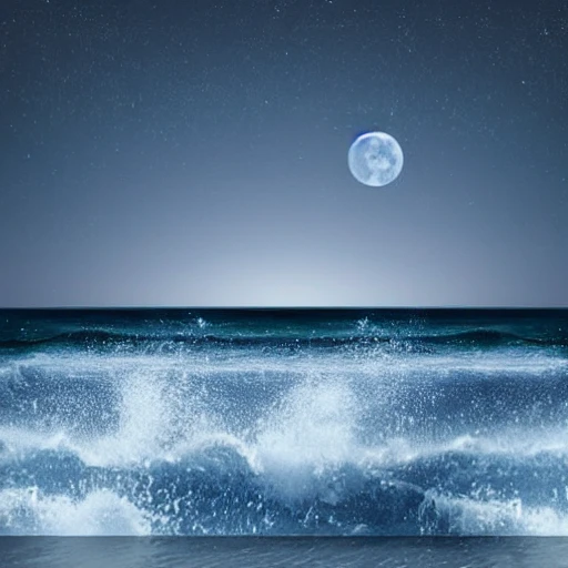 sea, 3D, night, full moon, big waves