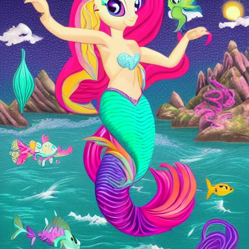 mermaid (My Little Pony), with a fish tale and fish fins, horse tale, showing full body, seahorse body, in the style of (The Little Mermaid) and the and the style of (Bonnie Zacherle), (Lisa Frank) a mermaid flying through space #aitextpromptgenerator #aitextpromptgen #aigentools, Visual Novel, Painting, Fine Art, Acrylic Paint, Splatter Paint, Spray Paint, Colorful, Neon, Electric Colors, High Contrast, Technicolor, 2D, flat, 4k, HD, HDR, Happy, Good, Divine, Perfectionism, De-Noise, Cel Shading, in a symbolic and meaningful style, insanely detailed and intricate, hypermaximalist, elegant, ornate, super detailed, symmetrical and coherent, centered, symmetry, painted, intricate, beautiful, rich deep colors masterpiece, sharp focus, ultra detailed, in the style of dan mumford and marc simonetti, perfect composition, beautiful, detailed intricate, insanely detailed, trending on artstation, 8 k artistic, concept art, soft natural volumetric cinematic perfect light, chiaroscuro, award - winning, masterpiece, oil painting, painting on smooth flat paper,  raphael, caravaggio, greg rutkowski, beeple, beksinski, giger[blurry, horse legs, photo, photography, 3d, canvas, canvas frame texture, Ugly, Morbid, Extra fingers, Poorly drawn hands, Mutation, Blurry, Extra limbs, Gross proportions, Missing arms, Mutated hands, Long neck, Duplicate, Mutilated, Mutilated hands, Poorly drawn face, Deformed, Bad anatomy, Cloned face, Malformed limbs, Missing legs, Too many fingers]