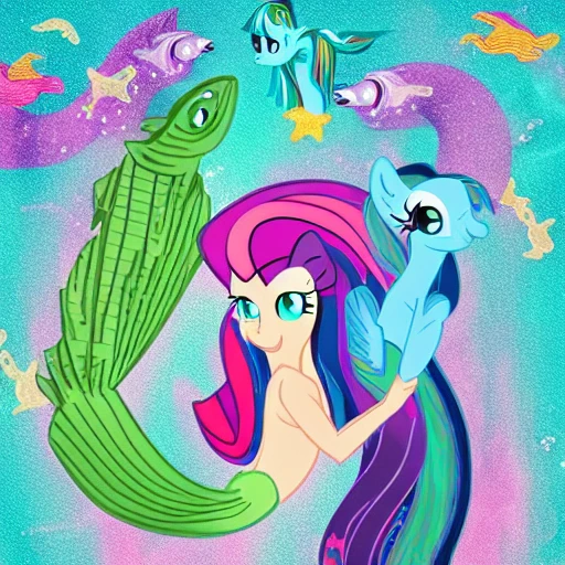 mermaid (My Little Pony), with a fish tale and fish fins, horse tale, showing full body, seahorse body, in the style of (The Little Mermaid) and the and the style of (Bonnie Zacherle), (Lisa Frank) a mermaid flying through space #aitextpromptgenerator #aitextpromptgen #aigentools, Visual Novel, Painting, Fine Art, Acrylic Paint, Splatter Paint, Spray Paint, Colorful, Neon, Electric Colors, High Contrast, Technicolor, 2D, flat, 4k, HD, HDR, Happy, Good, Divine, Perfectionism, De-Noise, Cel Shading, in a symbolic and meaningful style, insanely detailed and intricate, hypermaximalist, elegant, ornate, super detailed, symmetrical and coherent, centered, symmetry, painted, intricate, beautiful, rich deep colors masterpiece, sharp focus, ultra detailed, in the style of dan mumford and marc simonetti, perfect composition, beautiful, detailed intricate, insanely detailed, trending on artstation, 8 k artistic, concept art, soft natural volumetric cinematic perfect light, chiaroscuro, award - winning, masterpiece, oil painting, painting on smooth flat paper,  raphael, caravaggio, greg rutkowski, beeple, beksinski, giger[blurry, horse legs, photo, photography, 3d, canvas, canvas frame texture, Ugly, Morbid, Extra fingers, Poorly drawn hands, Mutation, Blurry, Extra limbs, Gross proportions, Missing arms, Mutated hands, Long neck, Duplicate, Mutilated, Mutilated hands, Poorly drawn face, Deformed, Bad anatomy, Cloned face, Malformed limbs, Missing legs, Too many fingers]