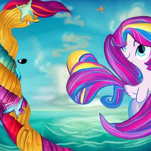 mermaid (My Little Pony), with a fish tale and fish fins, horse tale, showing full body, seahorse body, in the style of (The Little Mermaid) and the and the style of (Bonnie Zacherle), (Lisa Frank) a mermaid flying through space #aitextpromptgenerator #aitextpromptgen #aigentools, Visual Novel, Painting, Fine Art, Acrylic Paint, Splatter Paint, Spray Paint, Colorful, Neon, Electric Colors, High Contrast, Technicolor, 2D, flat, 4k, HD, HDR, Happy, Good, Divine, Perfectionism, De-Noise, Cel Shading, in a symbolic and meaningful style, insanely detailed and intricate, hypermaximalist, elegant, ornate, super detailed, symmetrical and coherent, centered, symmetry, painted, intricate, beautiful, rich deep colors masterpiece, sharp focus, ultra detailed, in the style of dan mumford and marc simonetti, perfect composition, beautiful, detailed intricate, insanely detailed, trending on artstation, 8 k artistic, concept art, soft natural volumetric cinematic perfect light, chiaroscuro, award - winning, masterpiece, oil painting, painting on smooth flat paper,  raphael, caravaggio, greg rutkowski, beeple, beksinski, giger[blurry, horse legs, photo, photography, 3d, canvas, canvas frame texture, Ugly, Morbid, Extra fingers, Poorly drawn hands, Mutation, Blurry, Extra limbs, Gross proportions, Missing arms, Mutated hands, Long neck, Duplicate, Mutilated, Mutilated hands, Poorly drawn face, Deformed, Bad anatomy, Cloned face, Malformed limbs, Missing legs, Too many fingers]
{"seed": "278062554",
"steps": 30,
"width": 512,
"height": 512,
"version": "SD1.4_SH",
"sampler_name": "k_dpm_2",
"guidance_scale": 7.5}