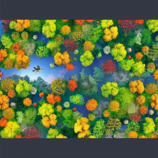 paysage d'automne parsemé d'arbres géants et d'animeaux, oiseaux, cheveaux, biches, cerfs, faisans, petit village détaillé avec un clocher en arrière plan, 8k ultra , Trippy