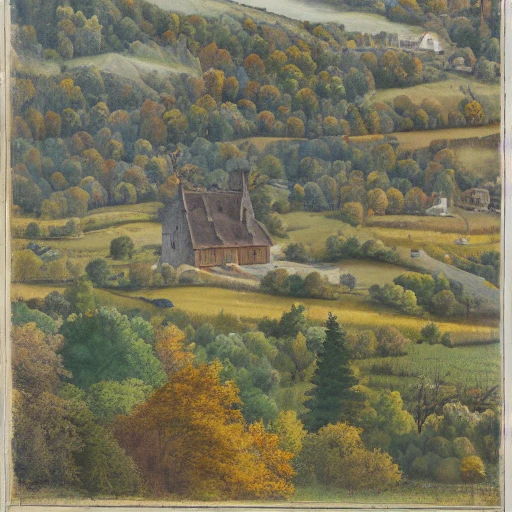 vue aérienne d'un paysage d'automne parsemé d'arbres géants et d'animeaux, oiseaux, cheveaux, biches, cerfs, faisans, petit village détaillé avec un clocher en arrière plan, 8k ultra , 