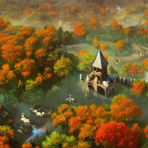 aerial view of an autumn landscape dotted with giant trees and animals, birds, horses, deer, deer, pheasants, detailed small village with a bell tower in the background, , art nouveau, concept art, Elaborate, highly detailed , Fantasy, epic landscape with a stream, with sparkle, intricate complex defined maximalist photorealistic matte painting, bright colors, 8K resolution, polished ethereal divine magical