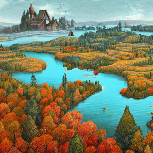 aerial view of an autumn landscape, dotted with giant trees near a lake with animals; birds, horses, deer, stags, pheasants, small detailed village with a steeple in the background, , art nouveau, concept art, Elaborate, highly detailed, Fantasy, epic landscape with a stream, with sparkle, intricate complex defined maximalist photorealistic matte painting , bright colors, 8K resolution, polished ethereal divine magical