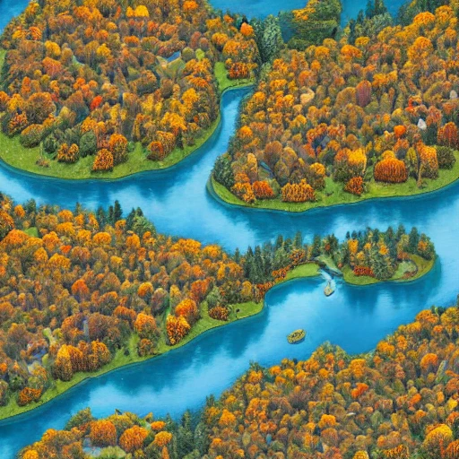 aerial view of an autumn landscape, dotted with giant trees near a lake with animals; birds, horses, deer, stags, pheasants, small detailed village with a steeple in the background, , art nouveau, concept art, Elaborate, highly detailed, Fantasy, epic landscape with a stream, with sparkle, intricate complex defined maximalist photorealistic matte painting , bright colors, 8K resolution, polished ethereal divine magical, Trippy