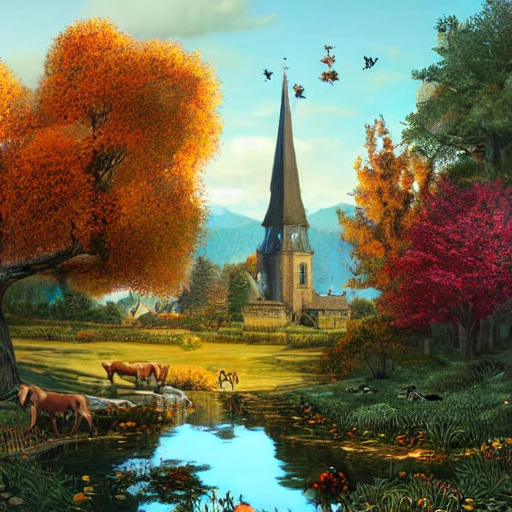 autumn landscape, dotted with giant trees near a lake with animals; birds, horses, deer, stags, pheasants, small detailed village with a steeple in the background, , art nouveau, concept art, Elaborate, highly detailed, Fantasy, epic landscape with a stream, with sparkle, intricate complex defined maximalist photorealistic matte painting , bright colors, 8K resolution, polished ethereal divine magical, 3D