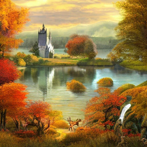 autumn landscape, dotted with giant trees near a lake with animals; birds, horses, deer, stags, pheasants, small detailed village with a steeple in the background, , art nouveau, concept art, Elaborate, highly detailed, Fantasy, epic landscape with a stream, with sparkle, intricate complex defined maximalist photorealistic matte painting , bright colors, 8K resolution, polished ethereal divine magical, 3D, Pencil Sketch