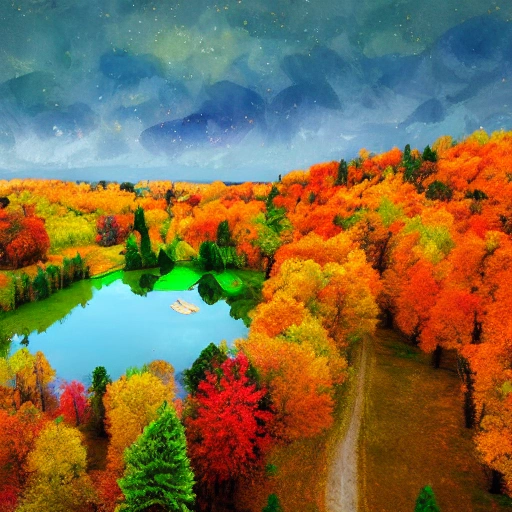 aerial view of an autumn landscape, very vivid colors, dotted with giant trees near a lake with animals; birds, horses, deer, stags, pheasants, small detailed village with a steeple in the background, , art nouveau, concept art, Elaborate, highly detailed, Fantasy, epic landscape with a stream, with sparkle, intricate complex defined maximalist photorealistic matte painting , bright colors, 8K resolution, polished ethereal divine magical, Oil Painting