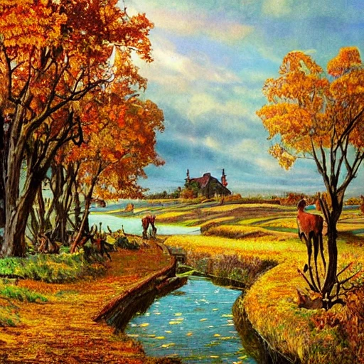 battlefields of the First World War in an autumn landscape, very vivid colors, dotted with giant trees near a lake with animals; birds, horses, deer, stags, pheasants, small detailed village with a steeple in the background, , art nouveau, concept art, Elaborate, highly detailed, Fantasy, epic landscape with a stream, with sparkle, intricate complex defined maximalist photorealistic matte painting , bright colors, 8K resolution, polished ethereal divine magical