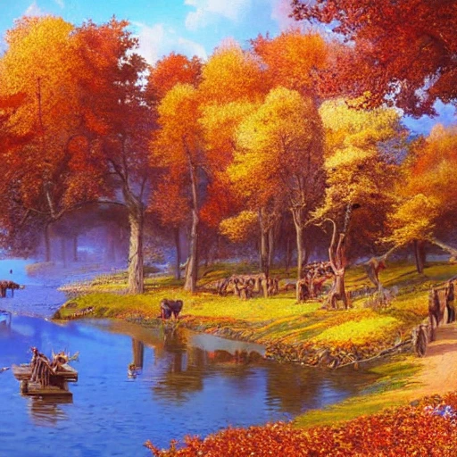 battlefields of war, of the First World War in an autumn landscape, very vivid colors, dotted with giant trees near a lake with animals; birds, horses, deer, stags, pheasants, small detailed village with a steeple in the background, , art nouveau, concept art, Elaborate, highly detailed, Fantasy, epic landscape with a stream, with sparkle, intricate complex defined maximalist photorealistic matte painting , bright colors, 8K resolution, polished ethereal divine magical