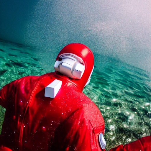 astronaut in the ocean, red water, white astronaut suit, epic ambient light, background is a face of a white man, 8k, ultra hd, insanely highly realisitc, photografic