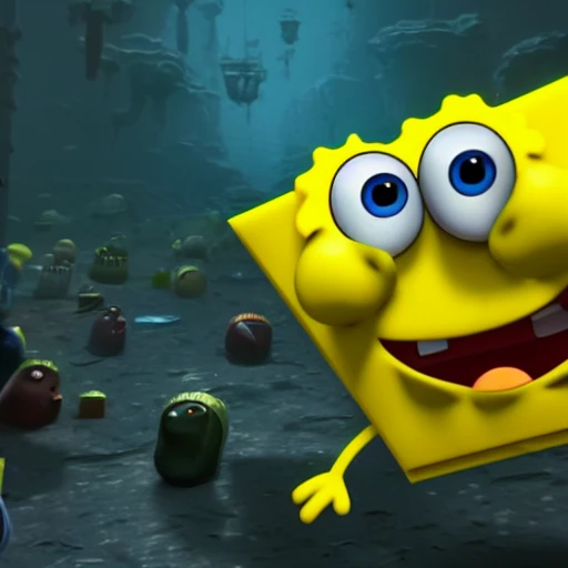 sponge bob troll face, 3d, insane graphics, insanely realistic details, highly detailed face, full square body, yellow body, 8k, background is binky bottom
