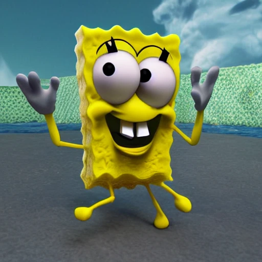 sponge bob troll face, 3d, insane graphics, insanely realistic details, highly detailed face, full square body, yellow body, 8k, background is binky bottom
