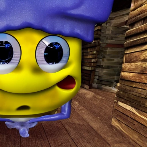 sponge bob troll face, 3d, insane graphics, insanely realistic details, highly detailed face, full square body, yellow body, two feet wearing brown shopes, body has multiple holes, naked, big 
 dick, high graphics, looks big penis, 8k, background is binky bottom

